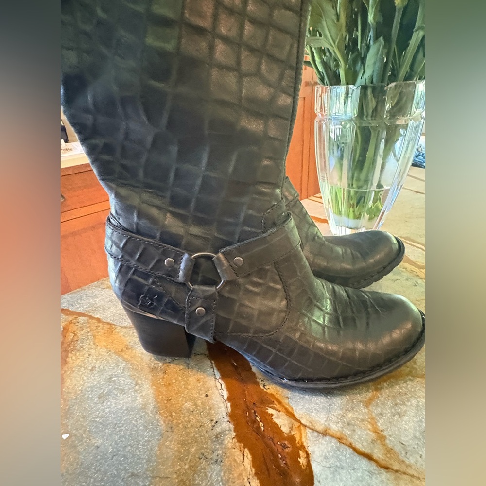 Born Lewisa Black Croc Embossed Double Buckle Tall Leather Boots Size 8 1/2